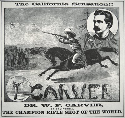 ドク・カーバー（1840-1927）を起用した「ライフル射撃の世界チャンピオン」ポスター 1885年頃（エングレービング 作： American School