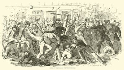 1863年7月、トリビューンオフィスでの警察の告発 作： American School