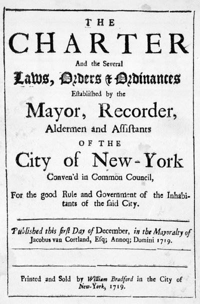 ニューヨーク市憲章、1719年（印刷） 作： American School