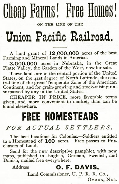 ユニオンパシフィック鉄道の格安農家と無料住宅、アップルトンズジャーナルの広告、1872年5月4日 作： American School