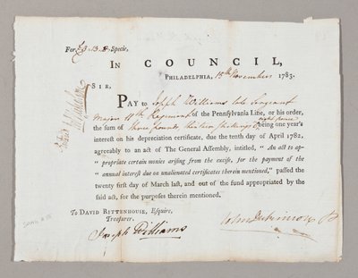 1783年11月13日、ジョセフ・ウィリアムズへの3ポンドと13シリングを確認してください 作： American School