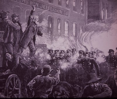 1886年のシカゴ・ヘイマーケット労働者暴動、ハーパース・ウィークリー誌に掲載された版画 作： American School