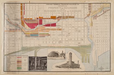 1898年頃、シカゴのビジネスセンターにおける鉄道の所有地を示すシカゴ・ターミナル・トランスファー鉄道会社の地図 作： American School