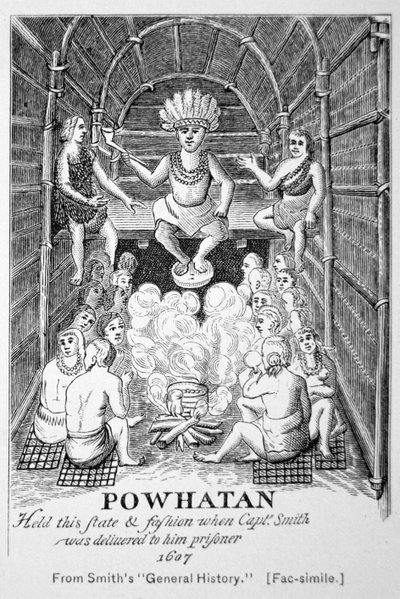 1607年に登場したパウハタン酋長（スミスの「Generall Historie of Virginia, New England & the Summer Isles」より）。 作： American School