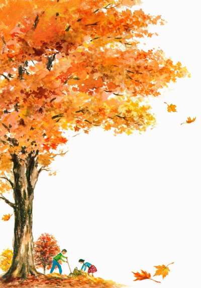 大きなカエデの木の下で紅葉狩りをする子供たち 作： アメリカの学校
