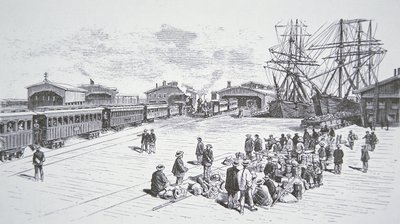 1860年代に大陸横断鉄道で働くためにサンフランシスコに到着した中国系移民「クーリー」（リトグラフ 作： American School
