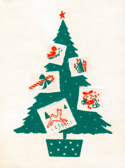 クリスマスカードで飾られたクリスマスツリー 作： American School