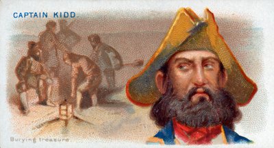 Cigarette Card Captain Kidd, Burying Treasure, pub.1888年のカラーリトグラフ。 作： American School