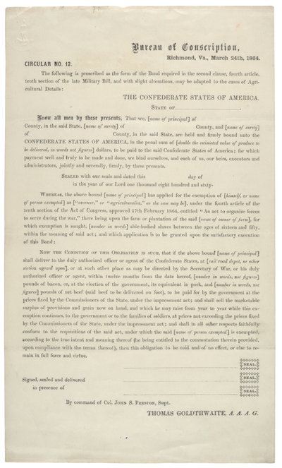 通し番号12、1864年3月24日、南軍の軍務免除の空白の申請 作： American School