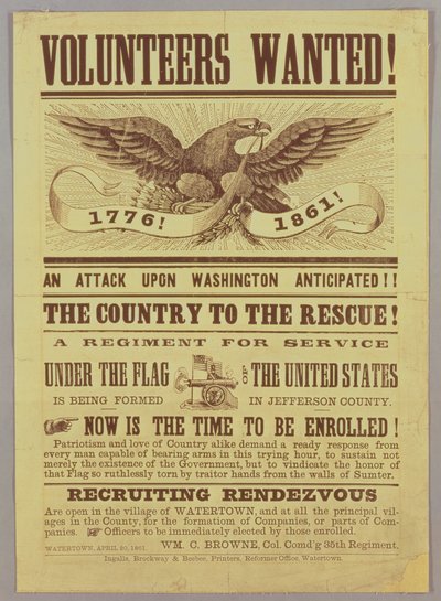 南北戦争の募集ポスター、1861（印刷） 作： American School