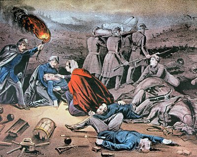 アメリカ南北戦争で負傷者を治療するクララ・バートン（カラーリトグラフ 作： American School