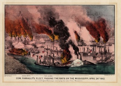 コム1862年4月24日、パブのミシシッピの砦を通過するファラガット艦隊。 Currier＆Ives、1862 作： American School