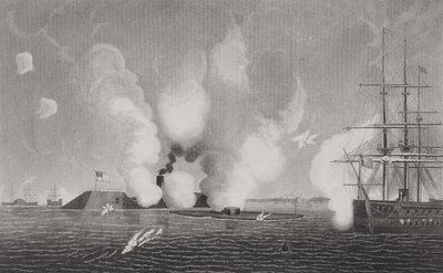 1862年3月9日、バージニア州ハンプトンロードで南軍CSSバージニア（左）と北軍USSモニター（中央）の間の戦闘（詳細は254609を参照） 作： American School