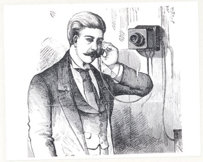 使用中のコンデンサー電話、ジョージバートレットプレスコット著「電気電話」（1830年頃）、1890年 作： American School
