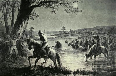 1862年、メリーランド州侵攻時にポトマック川の堤防を越える南軍（リトグラフ版） 作： American School