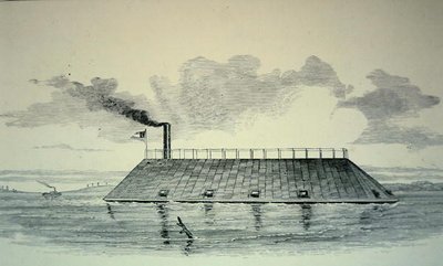 1862年12月、サバンナ川のジャクソン砦沖に横たわる南軍の鉄甲船ラム「ジョージア」（リトグラフ）。 作： American School