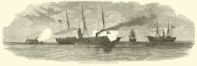 1863年1月、チャールストン沖の封鎖艦隊と交戦している南軍のラム 作： American School