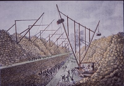 エリー運河、ロックポート付近の建設用デリック（彩色済み彫刻 作： American School