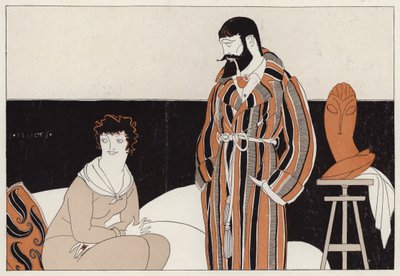 結婚と芸術の共存をあざ笑うカップル、J・A・ウォルドロンの短編小説『A Vassal To Art』（カラーリトグラフ）の一場面。 作： アメリカの学校