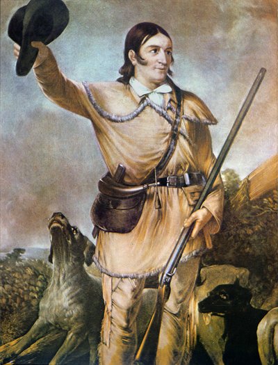 デイビッド・クロケット（1786-1836）と狩猟犬（1836年）（カラーリトグラフ 作： American School