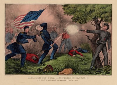 1861年10月21日、パブのバージニア州リーズバーグ近くのボールブラフの戦いでのエドワードベイカー大佐の死。 Currier＆Ives、1861年頃 作： American School