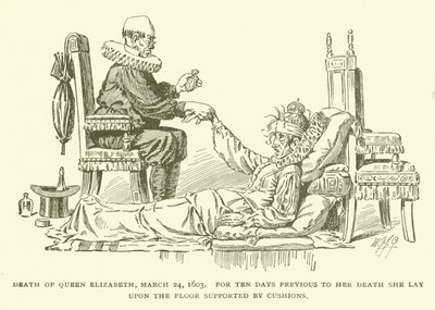 エリザベス女王の死、1603年3月24日、彼女の死の10日前に、彼女はクッションが支えている床に横になった 作： American School