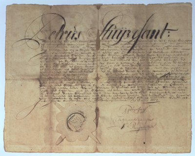 1664年5月15日、ニューオランダ総督のPeter Stuyvesantが署名した証書 作： American School