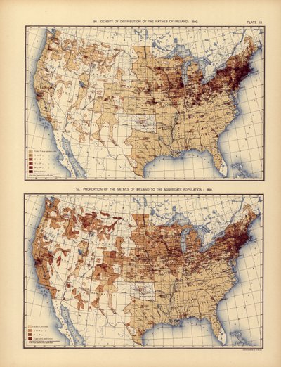 アイルランドの原住民の分布密度と総人口に対するそれらの割合、1898年 作： American School