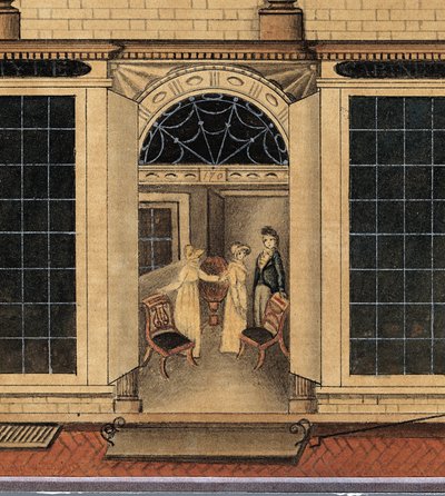 ニューヨーク市のフルトンストリートにあるダンカンファイフのショップと倉庫の詳細、c.1817-1820（白い紙に水彩、インク、ガッシュ） 作： American School