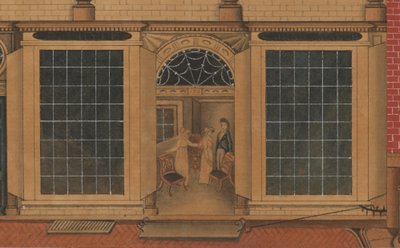 ニューヨーク市のフルトンストリートにあるダンカンファイフのショップと倉庫の詳細、c.1816-1817（水彩、ペン、紙にインク） 作： American School