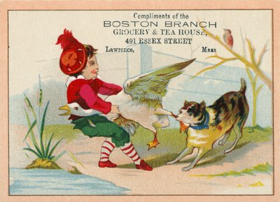 ガチョウから足を引っ張ろうとする犬 作： American School