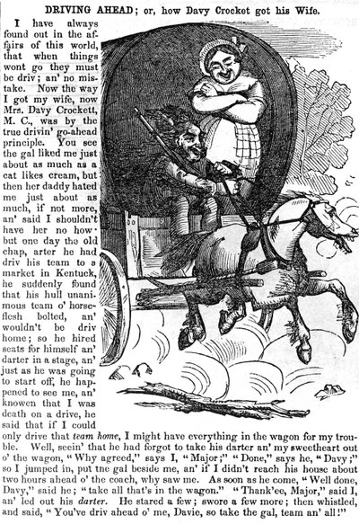 1856年のCrockettsアルマナックから、Driving Ahead、またはDavy Crocketが妻を手に入れる方法を公開、ニューヨーク、1855 作： American School