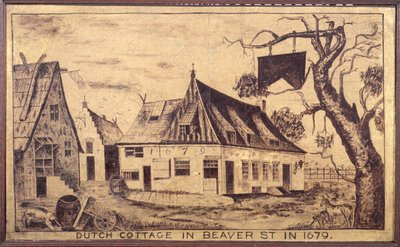 1679年、ビーバーストリートのダッチコテージ、1853年頃（ガーゼに油彩） 作： American School