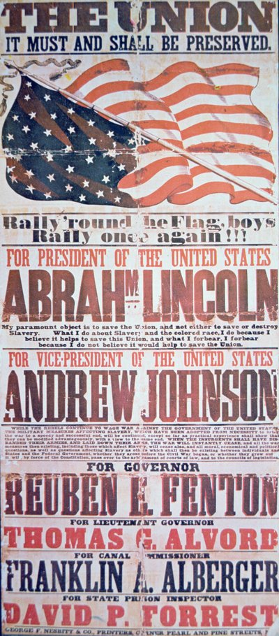 エイブラハム・リンカーン（1809-65）が大統領に、アンドリュー・ジョンソン（1808-75）が副大統領に選ばれた選挙キャンペーンのポスター 作： American School
