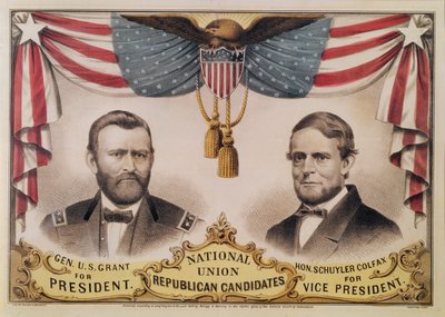 1868年のアメリカ大統領選挙の選挙ポスター、ユリシーズS.グラントとシュイラーコルファックス、1868年 作： American School