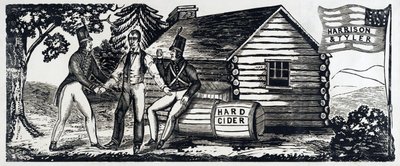1840年に行われたハリソンとタイラーの大統領選挙キャンペーンのエンブレム、pub.1840年（木版）。 作： American School