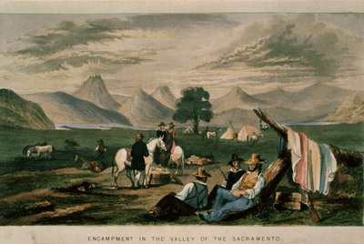 1598年のサクラメントの谷の野営地、カリフォルニアのイラスト、その過去の歴史、現在の位置、GAフレミングによるその将来の展望、1850 作： American School