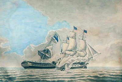 アメリカのフリゲート艦コンストンドとH.M.S.ゲリエールの交戦（水彩、ガッシュ、インク、紙 作： American School