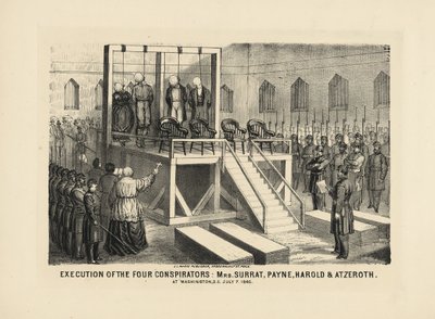 4人の共謀者の処刑：1865年7月7日、ワシントンDCでのサラット、ペイン、ハロルド、アゼリス夫人、パブ。 1865年 作： American School