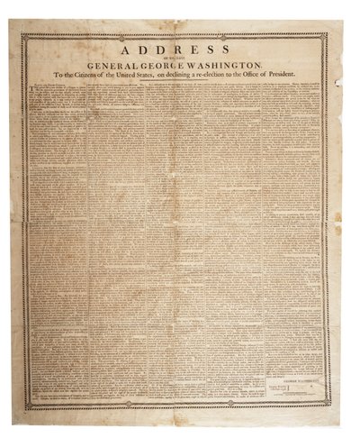 1796年9月17日、故ジョージ・ワシントン将軍の別れの挨拶 作： American School