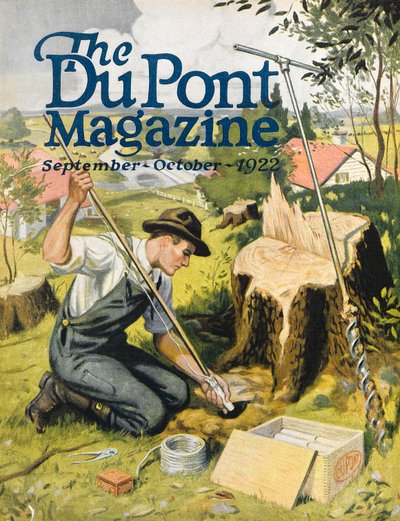 デュポンダイナマイトを植える農家、デュポンマガジンの表紙、1922年9月〜10月 作： American School