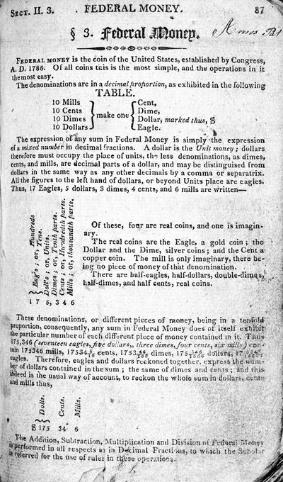 連邦のお金、ダニエル・アダムスによるThe Scholars Arithmetic 6th Editionのページ、NHKeene、1810年発行（印刷） 作： American School