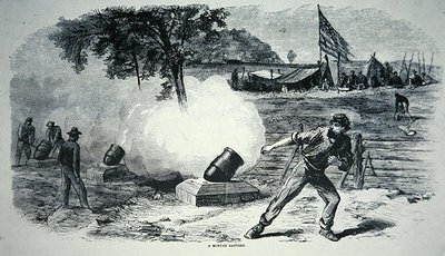 アメリカ南北戦争(1861-65)の連邦迫撃砲台(リトグラフ) 作： American School