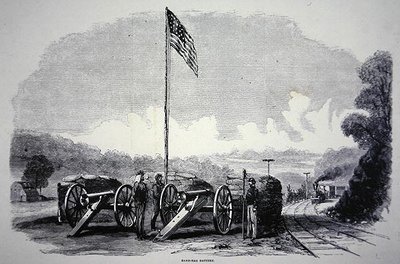 アメリカ南北戦争(1861-65)で鉄道を守るための連邦砂嚢砲台(リトグラフ) 作： American School