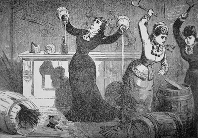 サルーンを破壊する反サルーン同盟の女性メンバー（オハイオ州フレデリックタウン）「Police Gazette」より 作： American School
