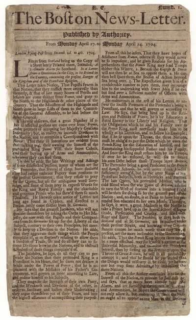 ボストンニュースレターの創刊号、1704（新聞） 作： American School