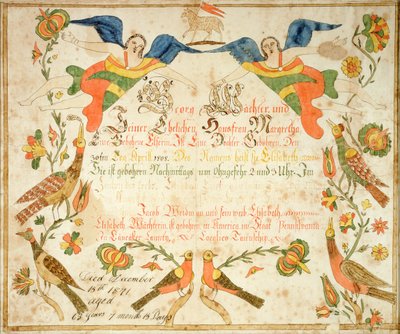 エリザベス・ワクテル（1808-71）の出生証明書と洗礼証明書のフラクタール 1808年 （紙にインクと水彩画） 作： アメリカの学校