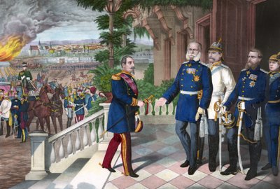普仏戦争1870-1871。1870年9月2日、セダンの戦いの後のナポレオン3世の降伏。カラー線刻画、アメリカ、1871年頃 - 1870年の戦争。セダンの戦いの後、捕虜となったナポレオン3世（1808-1873）がプロイセンのウィリアム1世（1797-）に会う。 作： American School