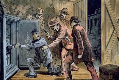 1879年、フランクとジェシー・ジェームズ一味が列車の急行車を襲う（カラーリトグラフ 作： American School