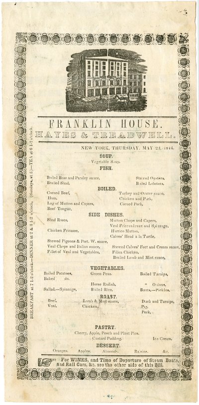 1844年5月23日、1844年のフランクリンハウスメニュー（刻印メニュー） 作： American School